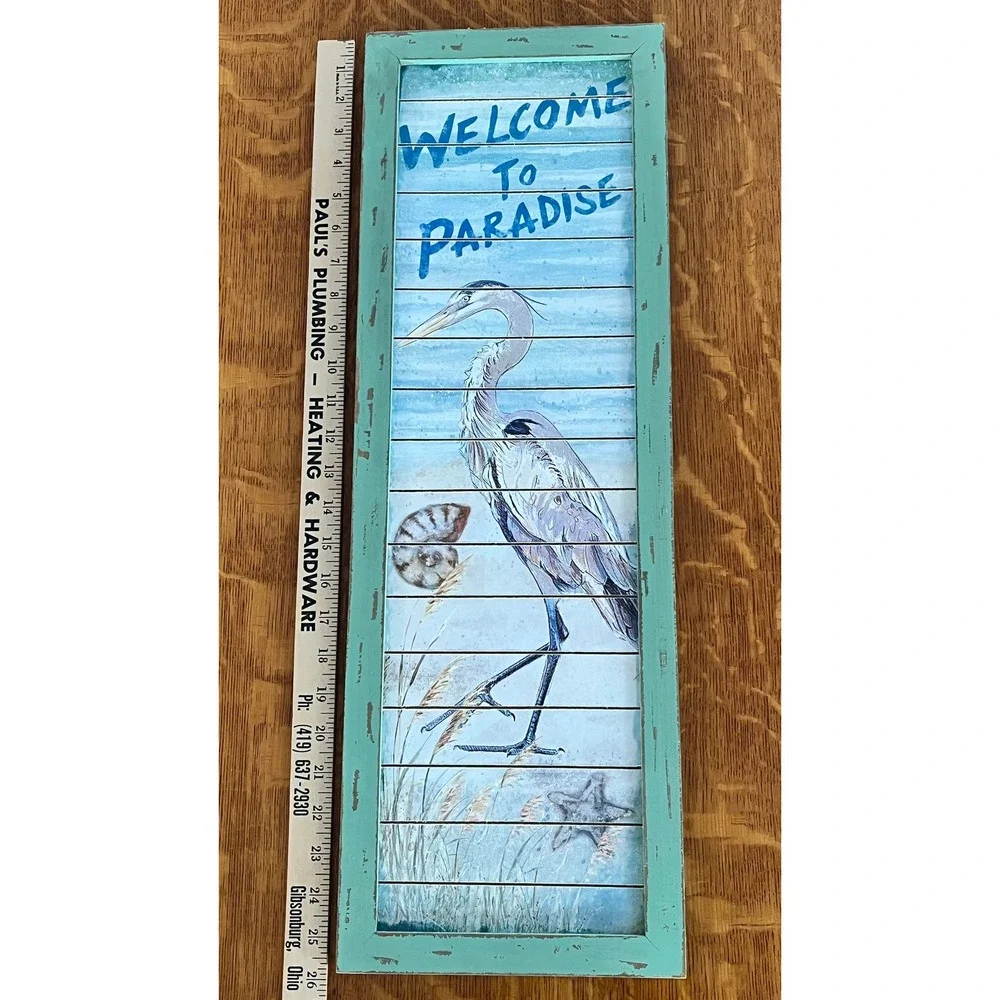 Welcome To Paradise Great Blue‎ Heron Coastal Wood Wall Sign Distressed 25.75